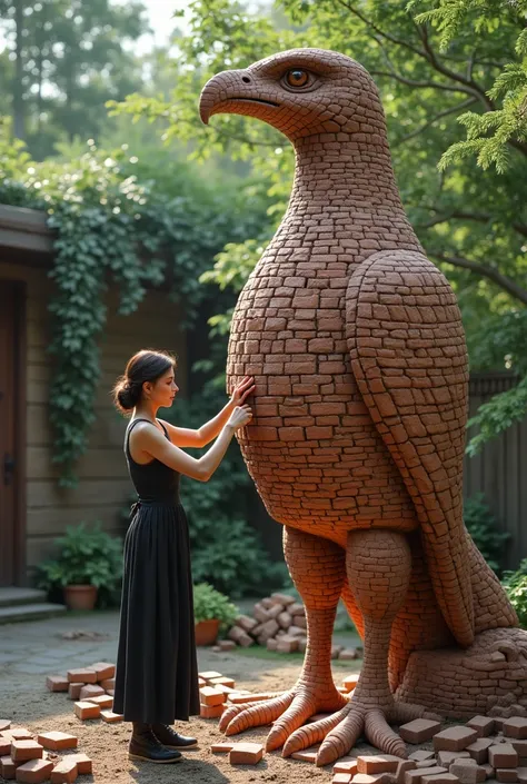 There is an russian woman who is very beutiful and she is making a statue of a giant bird out of bricks which looks absolutely real.