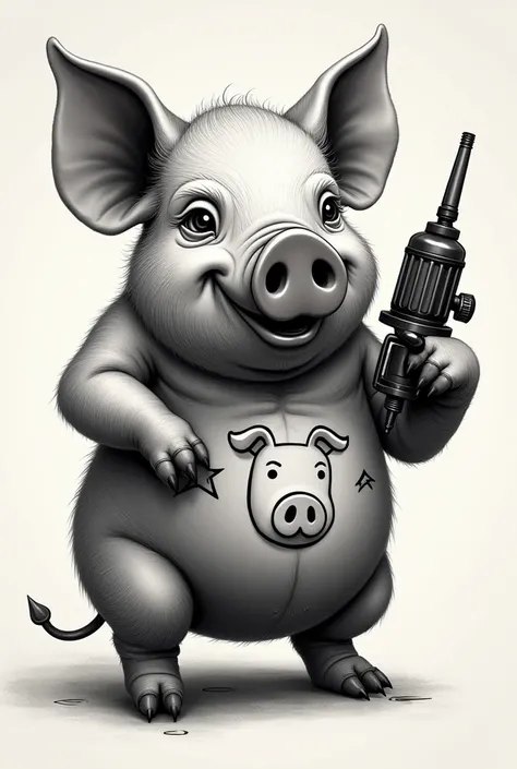  Lets create an idea for a tattoo .  It will be a black tattoo , without colored ink .  The image must be of a realistic pig that is holding a tattoo machine and tattooing a simplistic image of a "Piggy". 