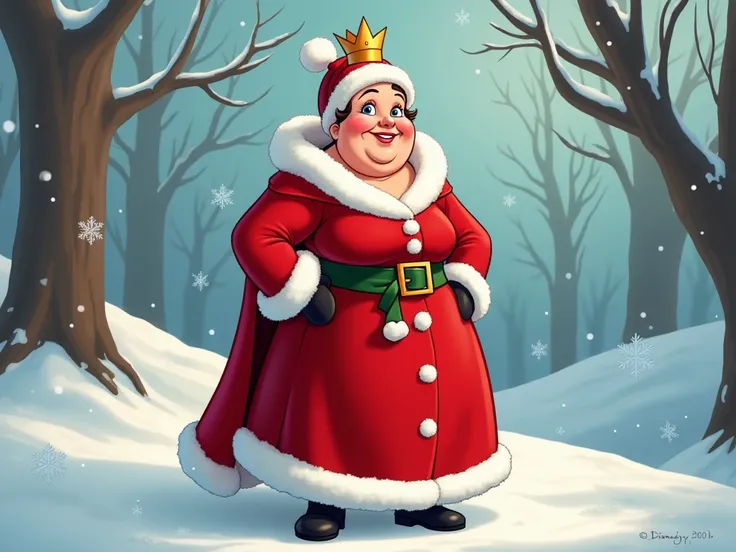 Create a woman wearing a Mother Claus outfit in a Disney character-style cartoon
