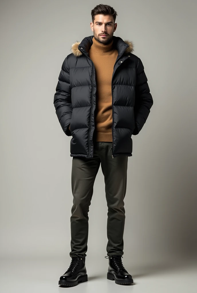 show me Male model from head to foot with 183 cm tall and wearing a puffer jacket with this specification chest 65 cm and length 76 cm