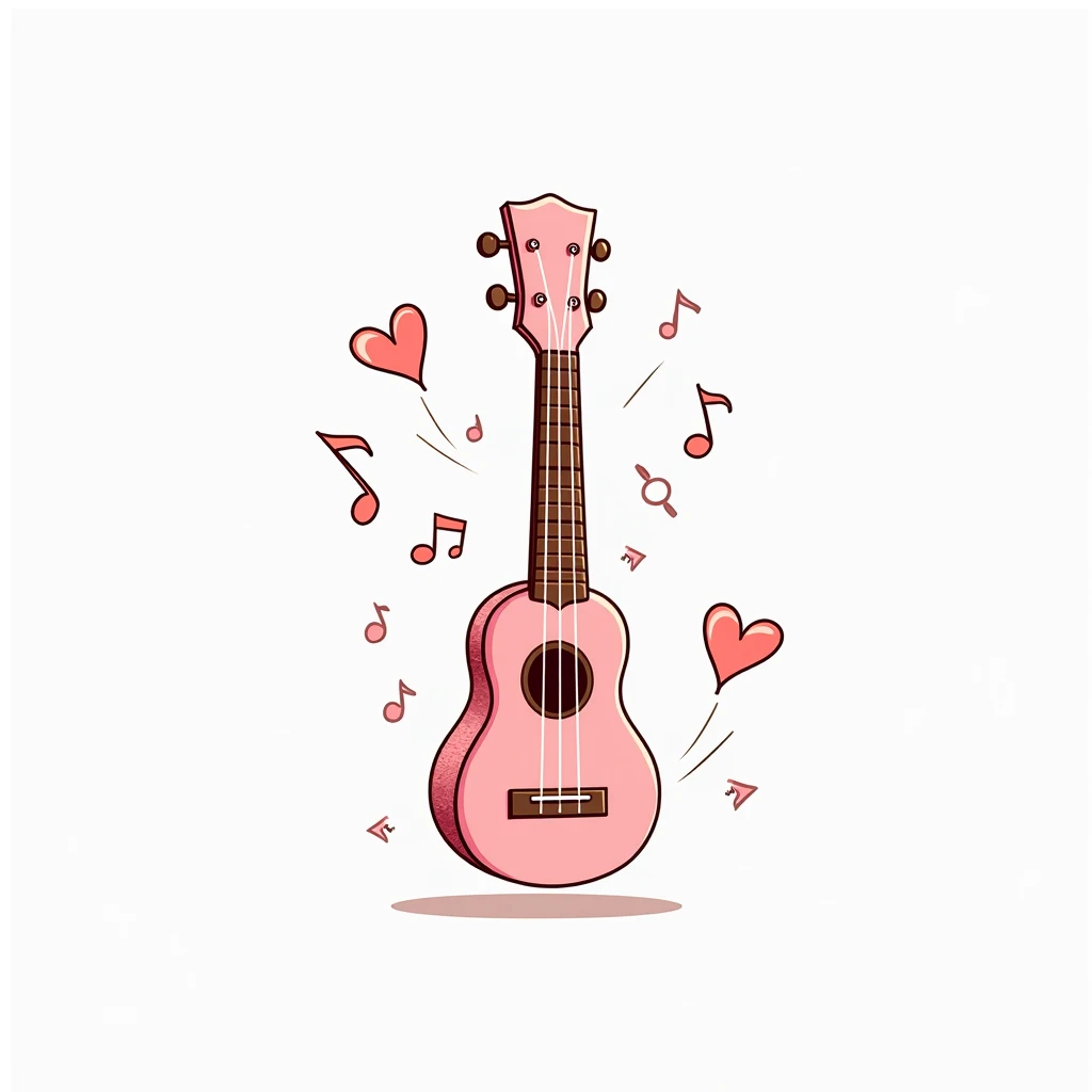 A simple, stylized illustration of a pink ukulele. The ukulele is positioned diagonally in the image, angled towards the upper left corner.  It is a light, pastel pink color with simple, textured details that suggest a smooth, slightly bumpy surface. Brown...