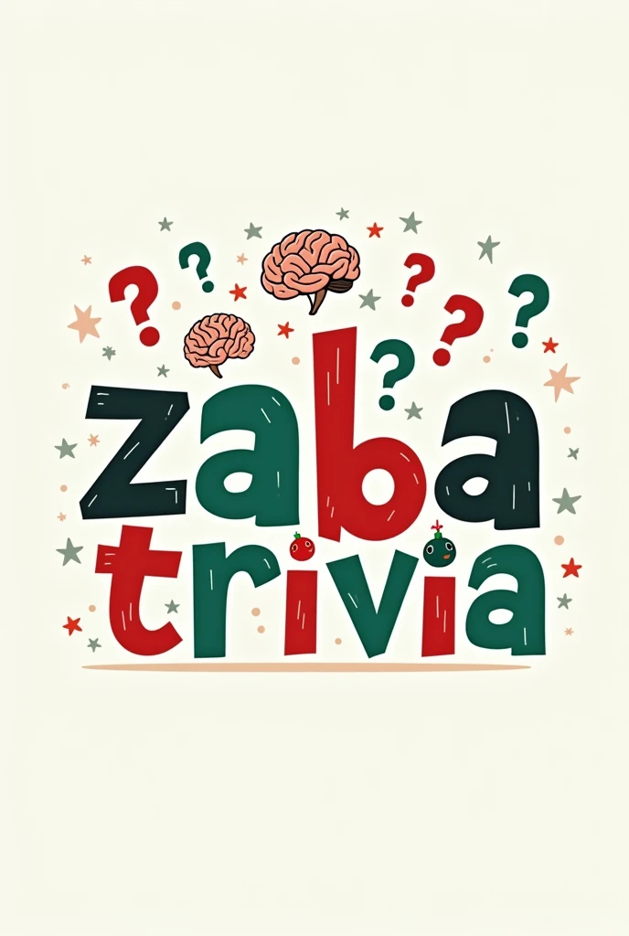  A logo with a plain background that says “ZABATRIVIA” with large letters,  with a Christmas theme and a question game , with lots of question marks , brains, thoughts,  