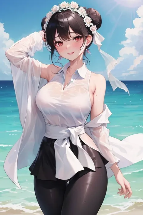 masterpiece、need、1 female student、 white cloth bag bun bag、Leaking Shoulder 、Big breasts、obesity、Smile、 black leggings、 lace leggings 、 Light Pink Lips 、 dynamic posture，（ all over wet ），Legs wide open， solo,  white polo shirt,  watching the audience,  (Th...