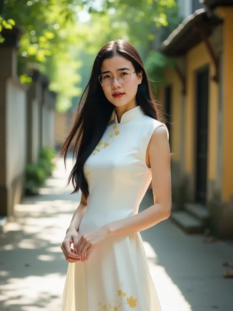 This photo captures the image of a young, graceful woman dressed in a white "ao dai" with delicate yellow leaf patterns, standing on a peaceful, traditional-looking small street. Key highlights:

1. **The Woman**:  
   - She has long, sleek black hair flow...