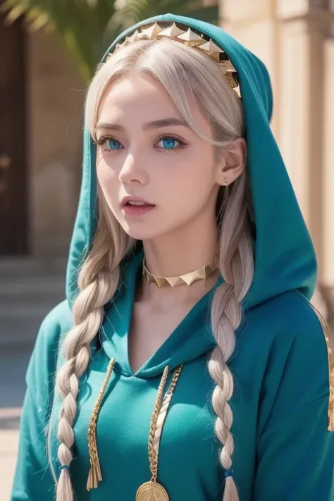 (masterpiece,  top quality ),   complicated details,,  One girl ,     mouth,  multi-colored hair ,  blue eyes, Shark hair accessory,  Gold Hair Ornament , gold choker,  gold jewelry ,  Sharp teeth, Green, blue hoodie,,  Greek clothing, Peplos,