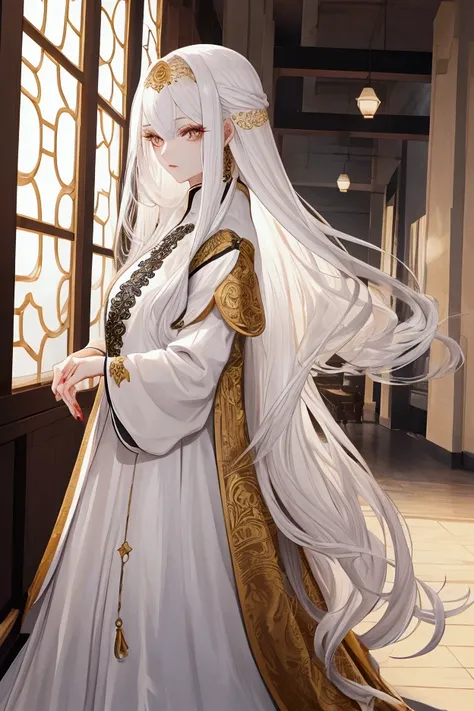 A woman with long white hair, golden eyes, fair skin, 22 years old, wearing a modern Korean style dress.
