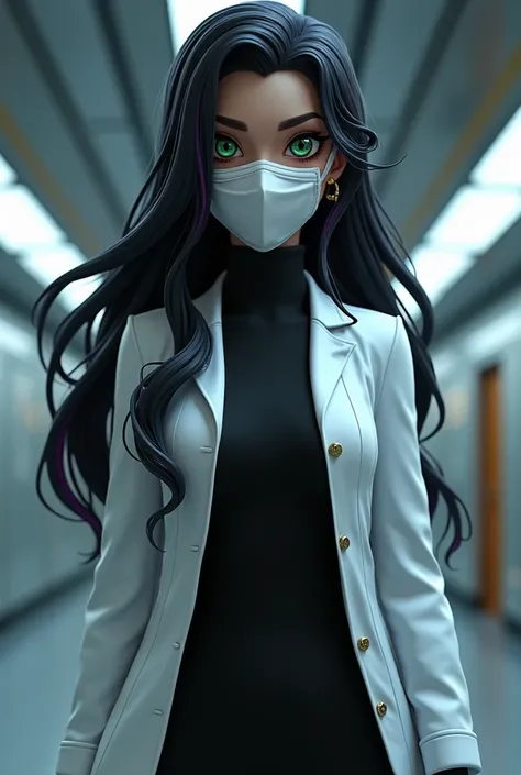 3D animation style
Long hair
Woman
Adult
Human
45 years old 
Evil eyes  
Villain
White Surgical mask
White mask
White coat
Dr. Anya Nox has black hair with dark purple streaks, piercing green eyes, and always dresses in an elegant long black dress that ref...