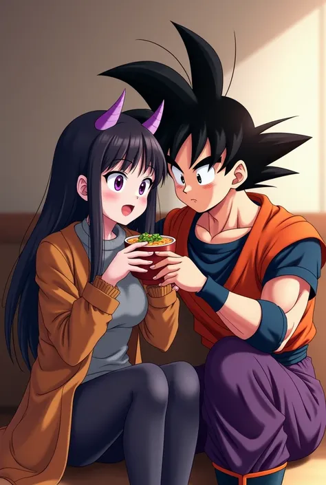 Anime girl with three harmless horns on her head, black hair and somewhat long , purple eyes and pale skin,  with a long jacket up to the knees, black boots with dark purple ,  pants and a gray sweater ,  with Son Goku from Dragon Ball, together eating ram...