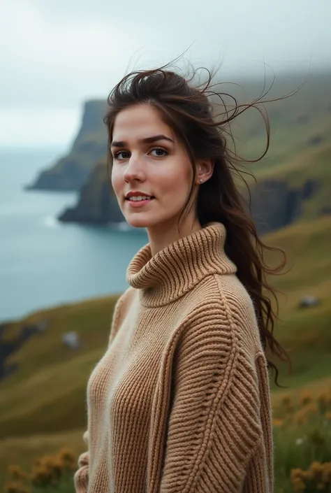 make her using sweater, landscape in the faroe islands