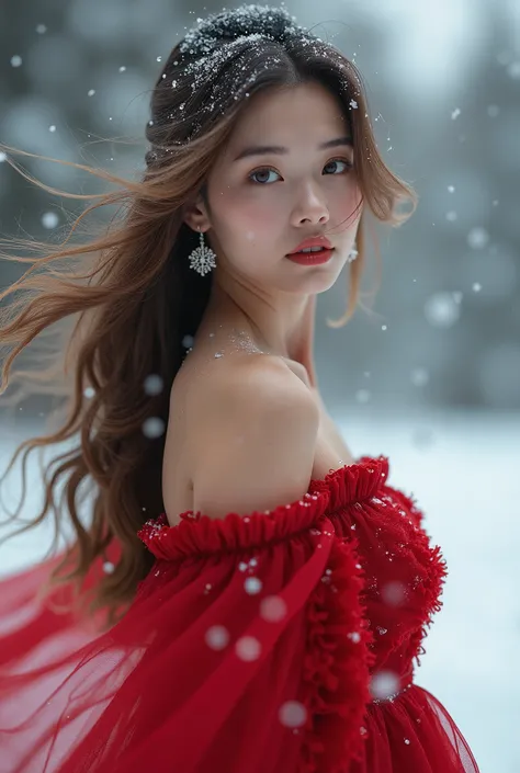 tmasterpiece、quality、ultra - detailed、Marilyn Tagirth，Focus on thighs and above，Clear face，（Best quality at best）， beuaty girl：1.5、Red fluffy off-shoulder dresig wind，long hair fluttering，Snowflake earrings、snowflakes falling、bblurry、Snow World