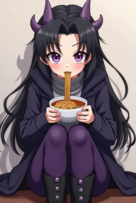 Anime girl with three harmless horns on her head, black hair and somewhat long , purple eyes and pale skin,  with a long jacket up to the knees, black boots with dark purple ,  pants and a gray sweater , with Son Gogeta from Dragon Ball, together eating ra...