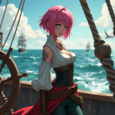 1 , Alone,  short hair,  Pink hair,  green eyes, Sakura Haruno as a pirate 