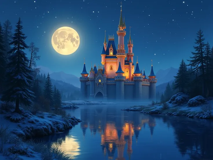 A majestic Disney-style castle, bathed in the soft glow of a starry snowy night.  Large, stylized moons, resembling Mickey Mouse’s ears, frame the castle in the twilight sky.  The castle, detailed with ornate towers and battlements, is a rich blend of gold...