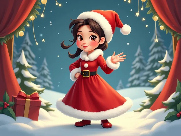 Create a young woman wearing a mother Claus outfit in a Disney character-style cartoon
