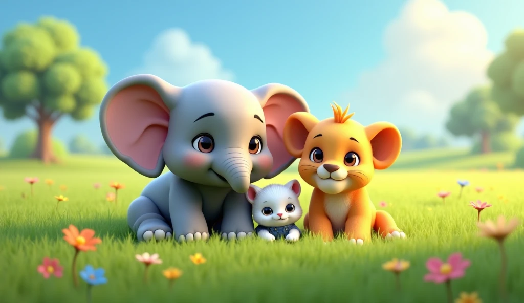 Here’s the prompt for the scene where the trio rests in a green meadow:  

"A 3D-rendered scene in a beautiful, expansive green meadow where a baby elephant, a lion cub, and a white kitten in denim shorts sit together, enjoying the peaceful surroundings. T...