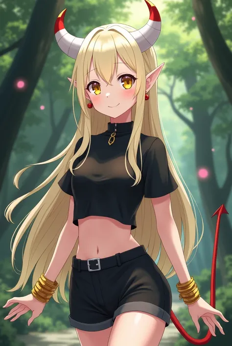 an anime girl with smooth white skin , long straight cream-colored hair ,  beautiful yellow eyes , black cropped blouse,  black shorts,  gold bracelets,  elf ears with earrings ,  white horns with red and white demons tail,  and a beautiful background of a...