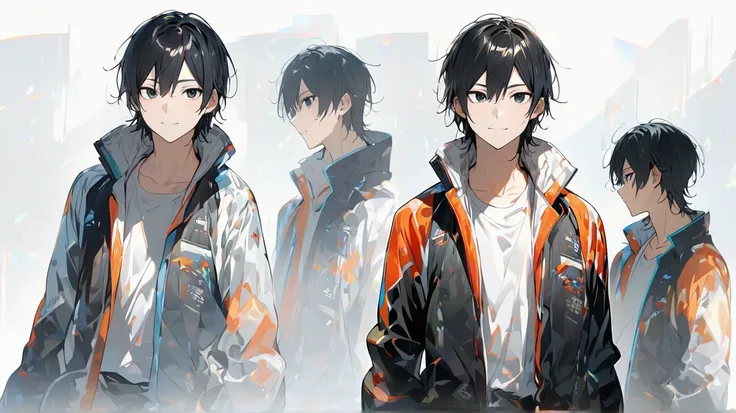 /imagine prompt: a vibrant 20-year-old Japanese boy with a unique charisma and potential to become a star. Three views on a white background: 1) Front view: bright black eyes and a confident smile, tousled black hair, wearing a stylish sports jacket over a...