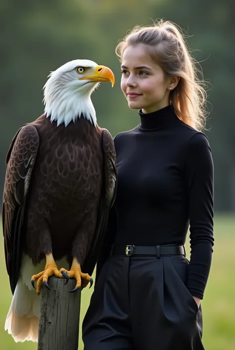 A teenage woman dressed in black walks side by side with a bald eagle. Bald eagles are known for their striking appearance ,  with a white head and tail contrasting with a dark brown body and wings .  This bird is a symbol of strength and freedom and is of...