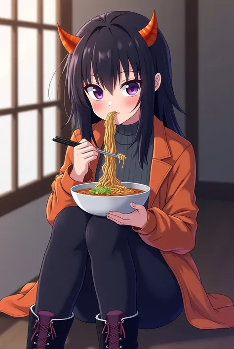 Anime girl with three harmless horns on her head, black hair and somewhat long , purple eyes and pale skin,  with a long jacket up to the knees, black boots with dark purple ,  pants and a gray sweater ,Eating ramen with Goku from Dragon Ball