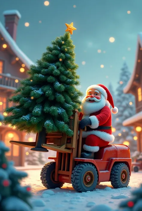 Santa Claus is carrying the Christmas tree on forklift fork