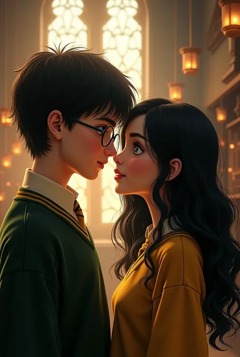  Harry Potter wearing GLASSES looking in love at a girl with long wavy black hair who has green eyes. She is wearing a Hufflepuff uniform at Hogwarts .