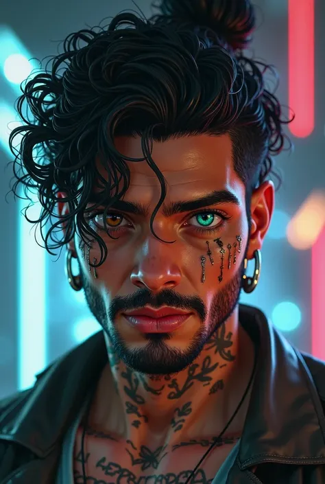 Charming young latino man with thick curly black hair in a short ponytail, lots of facial jewelry, tattoos, scruffy face, left eye bright teal, right eye brown, some scars, cyberpunk digital art style