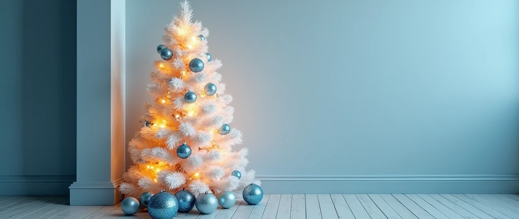 The image shows a fluffy white Christmas tree decorated with blue and silver ornaments. The tree is placed in a corner of a room with light blue walls. Warm, glowing lights are seen around the tree, creating a cozy and festive atmosphere. Surrounding the t...