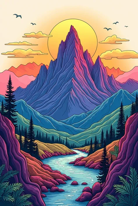  creates a background of a landscape of a peak, Let it be a line drawing in color 