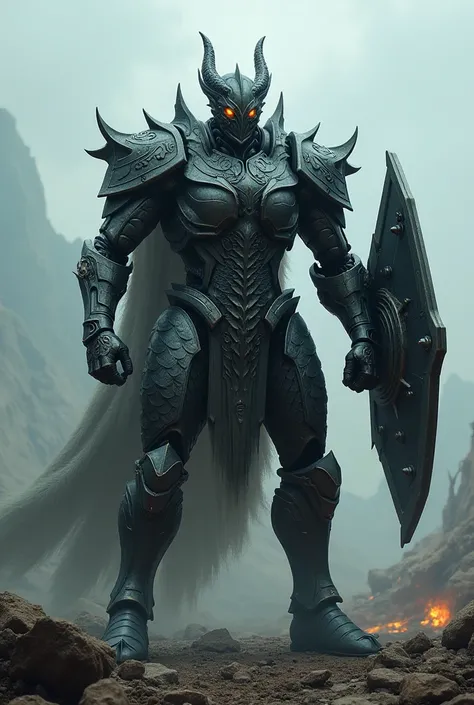 A formidable mechanical man adorned in dark fantasy dragon armor, brandishing a fusion shield and cannon hybrid, amidst a desolate battlefield ruins.