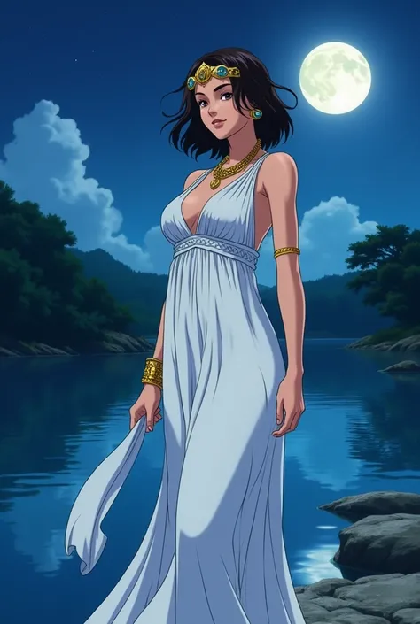  Anime-style animation one piece toei animation,  attractive woman with a beautiful and mature body with a large hip, pretty waist and BIG BREASTS  ,linda , with short hair dark brown hair and very beautiful , 29 year old fair skin ,  dressed in a Greek go...