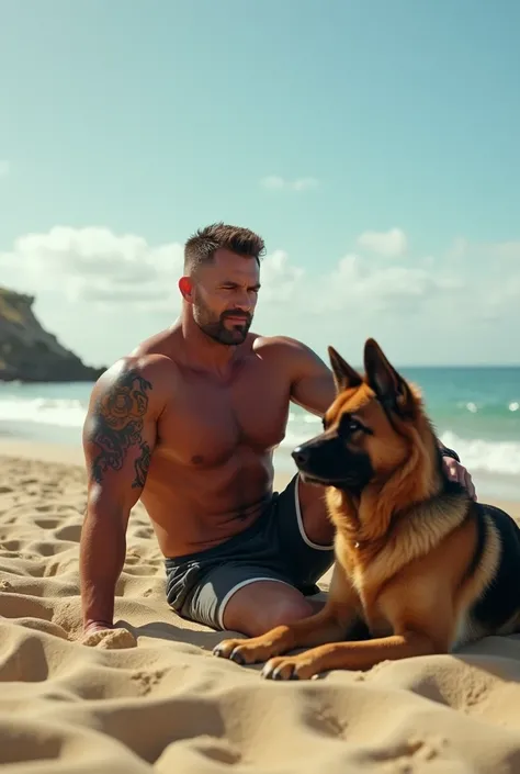  A muscular man with a tribal tattoo on his arm ,  sitting on the sand of Malibu Beach next to his German shepherd dog, with white and black , realistic ultra HD 8k image  