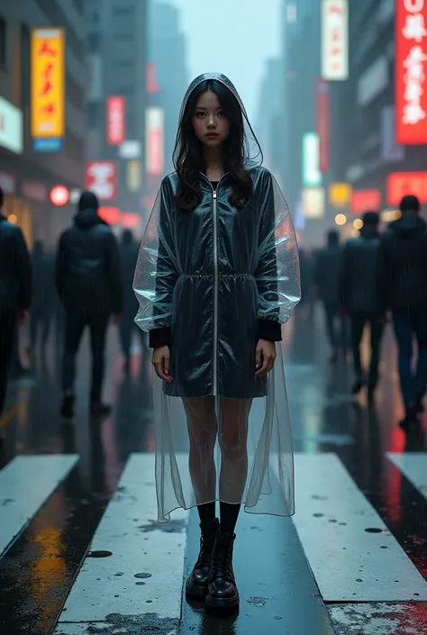 Girl in rain with transparent raincoat, black clothes beneath the rain coat, beautiful girl, on the street, standing between the crowd, on zebra crossing, looking at camera