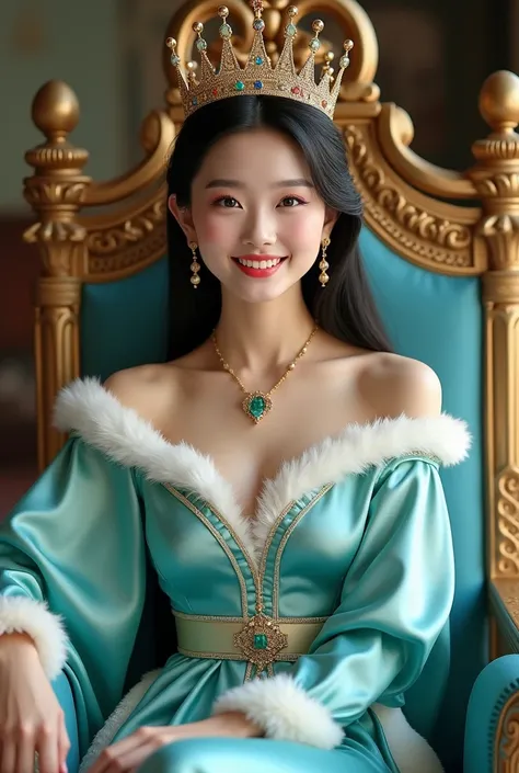 A beautiful Asian woman, smiled,long black straight hair, white soft skin, gold queens tall crown with 4 stones on each color a blue,a yellow,a green and red,all in front of crown in across style. Wearing an aquamarine off shoulder gamosa long queen gown w...