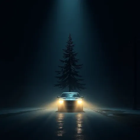 black background lights of a car making a shape on the pavement of a pine tree