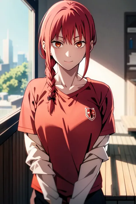 Makima chainsaw man, red hair, braid, middle size breast, cute, beautiful, shirt uniform, looking at me, standing, great body