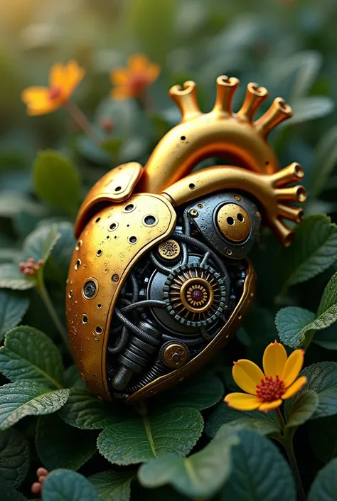  Bionic Heart Heart with cable and gear Made of gold and shiny black titanium,in wet colorful foliage with morning dew grains ,detail,realistic,ultra HD