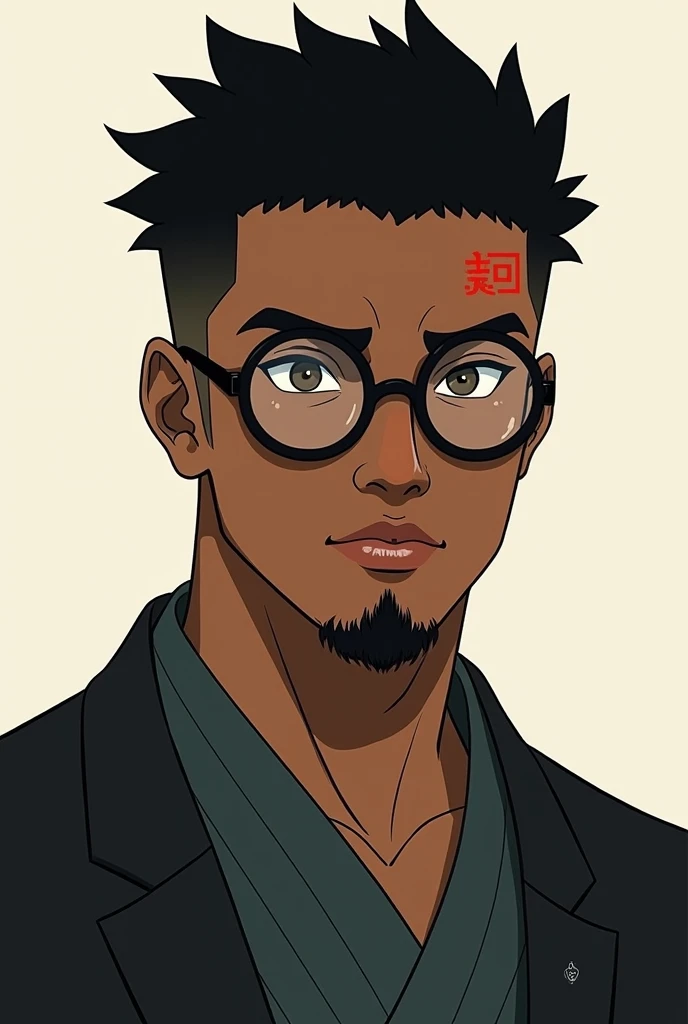  Make an image of me in the style of Jujutsu Kaisen .
 I am a young black man with black hair ,  with an American-style haircut ,  I wear round black glasses ,  I have a goatee beard ,  I have a sign below my left eye ,  and a cut on my left eyebrow ,  I h...