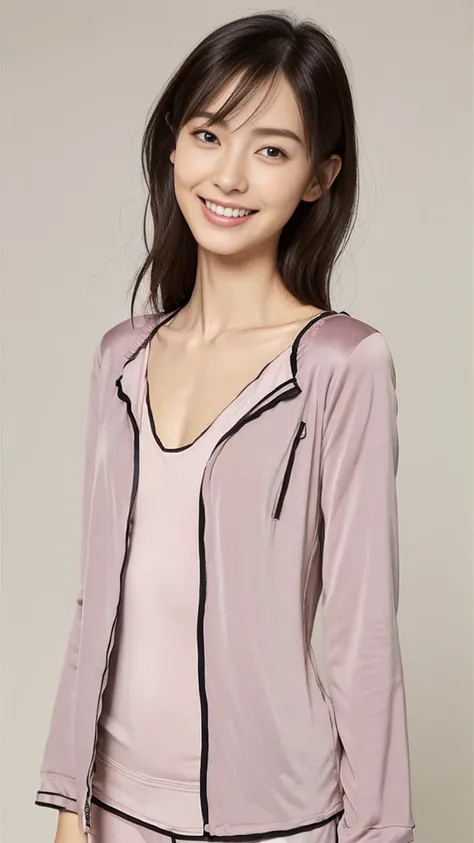 ( top quality :1.5), ( real:1.4), ( Ultra Fine:1.4), (1woman), (sharp face), (skinny), (skinny body), (super flat and small chest:1.2), (loungewear jacket ), ( loungewear pants), (tall), (bangs), (medium hair), (cool smile), (woman with super flat and smal...