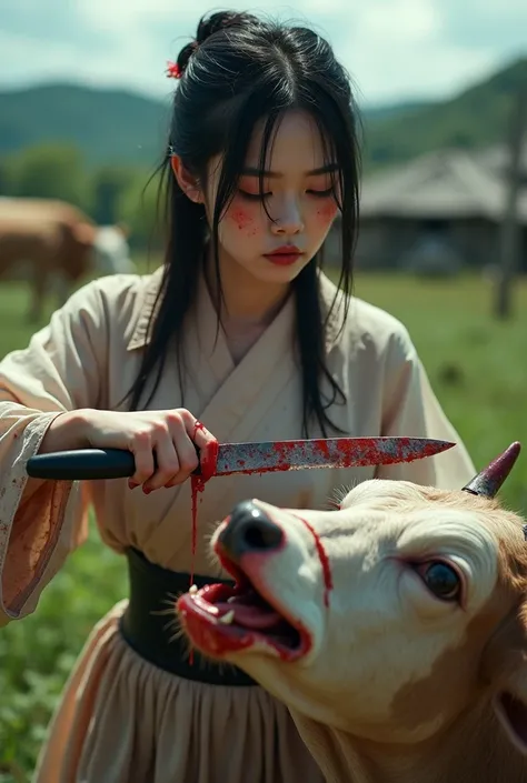 Hight quality, realistic, very beautiful woman japanese, woman slaughters a cow, woman cut throat cow by knife