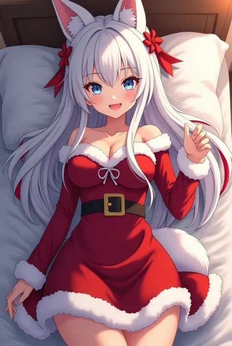 Screenshot of My Hero Academia Young woman with long white hair with red strands loose hair , blue eyes attractive with Kitsune ears and tail, pretty, beautiful santa dress lying seductively on a bed full body Study bonuses