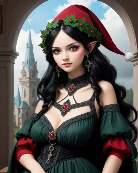 Mischievous gnome queen with a red hat and green dress. dark fantasy style
