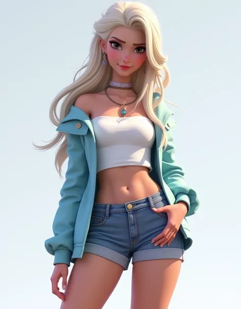 elsa wears mini skirt & crop  top and shorts and long hairs