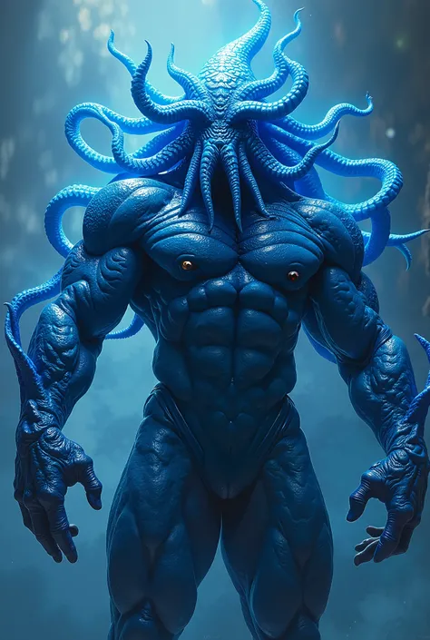 Kraken man his head kraken head with human body he a  greater physique hero full blue color and his name Krakenforce he like hero not like demon beautiful young man mouth closed 