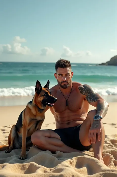  A muscular man with a tribal tattoo on his arm  ,  sitting on the sand of Malibu Beach next to his German shepherd dog, with black and white figures  ,  realistic ultra HD 8k 