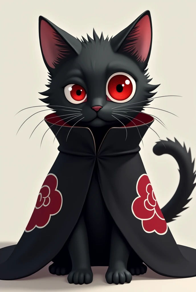 Make a realistic cute black cat with a sharingan wearing Narutos Akatsuki robe 