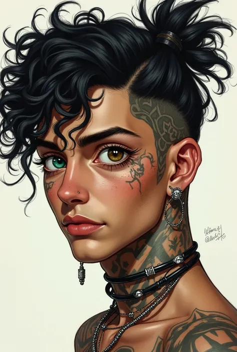 Charming young latino man with thick curly black hair in a short ponytail, lots of facial piercings jewelry, tattoos, scruffy face, left eye bright teal, right eye brown, some scars, cyberpunk drawing style