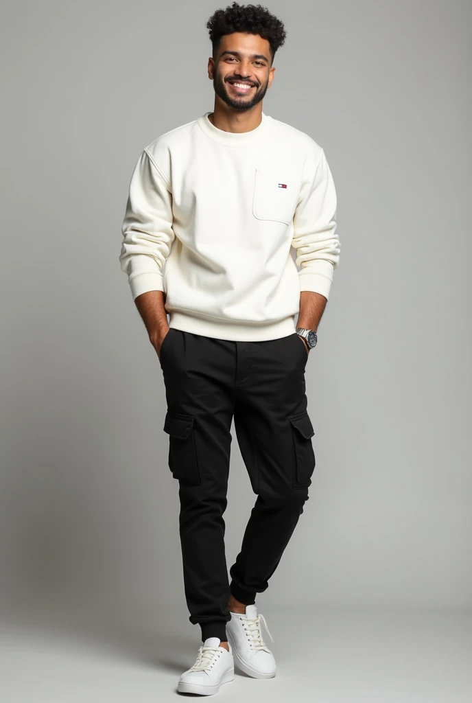 A Latino man wearing a white Tommy Hilfiger sweater, black Joggers cargo jeans and white Tommy Hilfiger shoes. 