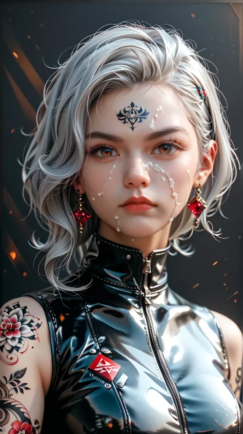 Woman with silver hair (detailed hair:1.2), (light skin tone:1.1), (age:1.1), (body type:1.2), wearing a cropped, silver-toned leather jacket (detailed clothing:1.2), black cropped top, (accessories:1.1), and black leather glove (detailed clothing:1.2), (a...