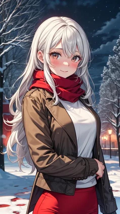 ((masterpiece, best quality:1.3, high detail)), beautiful woman, smile, looking at viewer, long hair, (white hair), solo focus, one person only, full-face blush, (brown jacket, white blouse, red scarf, (long red pencil ((skirt))), boots, outdoors, (night s...