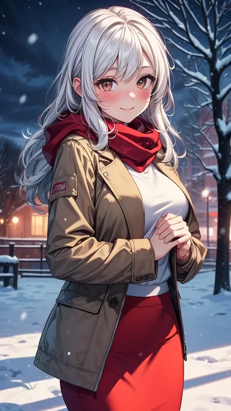 ((masterpiece, best quality:1.3, high detail)), beautiful woman, smile, looking at viewer, long hair, (white hair), solo focus, one person only, full-face blush, (brown jacket, white blouse, red scarf, (long red pencil ((skirt))), boots, outdoors, (night s...